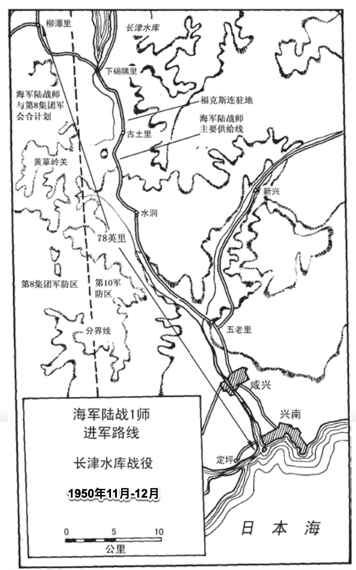 美国陆战1师的先进攻、后逃亡图，你对这张地图的认知是因为看了“长津湖”。十一假期看电影的经历就是你大脑生成的数据。原图来自《Korea——The Untold Story of the War》