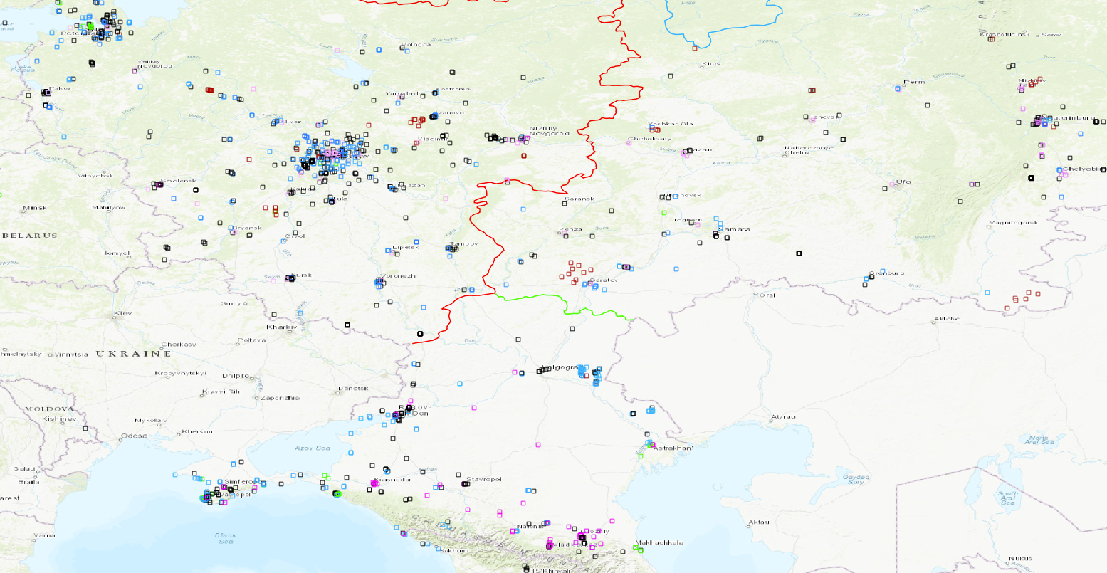 俄军在近欧洲地区的军事设施，包含各类型的基地、训练场所和军用仓库。数据由军事爱好者通过公开网站整理发布，地图你自己也可以做